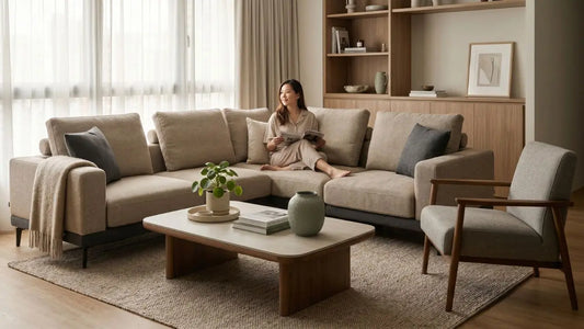 Multi-generational Singapore living room with a beige L-shaped sofa, armchair, coffee table, and built-in wood shelving.