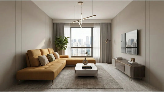 Mustard chaise sofa in a long narrow Singapore living room with TV console, city view, and modern neutral styling