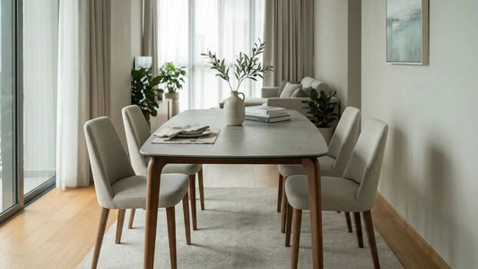 Rounded rectangular dining table with upholstered chairs in a narrow Singapore condo dining area