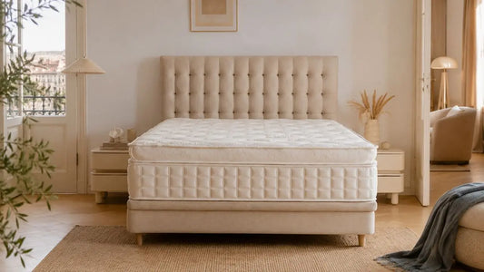 Italian-inspired bedroom with a cream tufted bed and white mattress, styled for a guide on natural latex vs memory foam mattresses