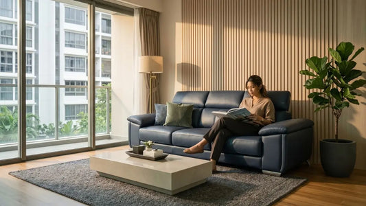 Navy leather sofa in a modern Singapore condo living room with balcony view, coffee table, and warm wood wall panels