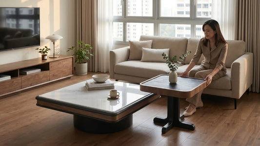 Woman adjusting a nesting coffee table set in a warm HDB living room with beige sofa, TV console, and wood flooring