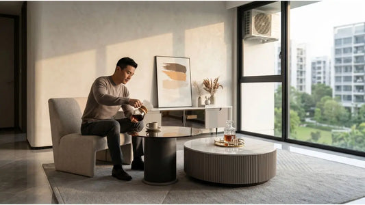 Nesting round coffee tables showing balanced proportions beside an armchair in a condo living room