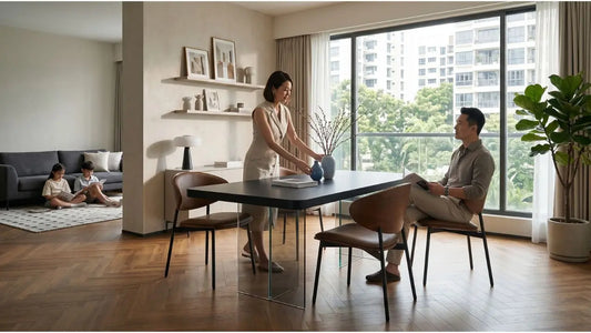 Neutral dining room in a Singapore condo with black dining table, warm wood chairs, and layered neutral interiors