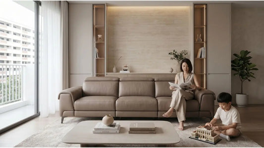 Neutral living room with tan leather sofa, built-in storage, and family-friendly timeless furniture styling