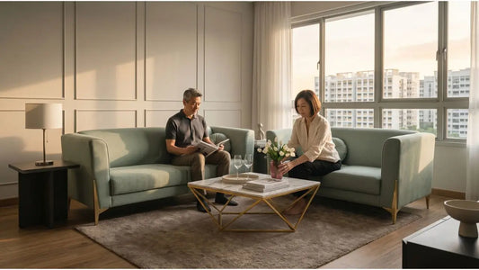 Couple arranging a sage green sofa living room in a new BTO flat with marble coffee table and warm sunlight