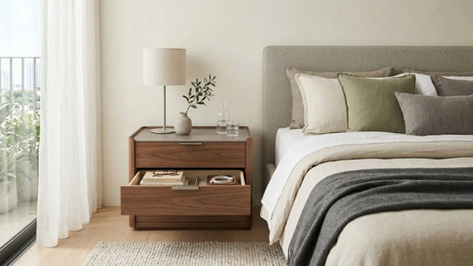Wooden nightstand with two drawers beside an upholstered bed in a bright Singapore bedroom