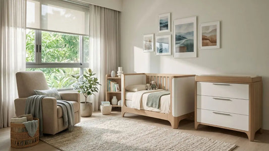 Nursery that grows with the child with convertible bed, chest of drawers, reading chair, and warm wood furniture in a bright Singapore home