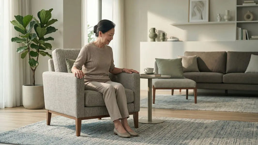 Older Asian woman seated in a supportive fabric armchair with firm arm rests in a calm Singapore living room