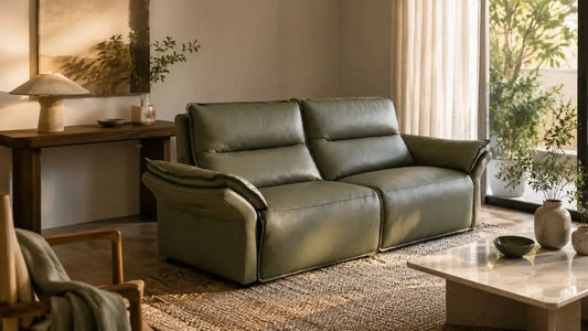 Olive green leather sofa styled as a statement piece in a warm Italian-inspired living room with quiet neutral furniture