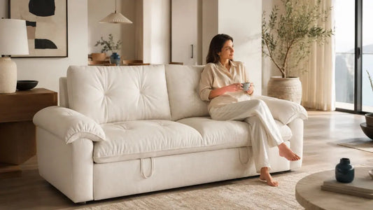 Cream upholstered sofa in an Italian-inspired living room for online vs showroom furniture shopping comparison