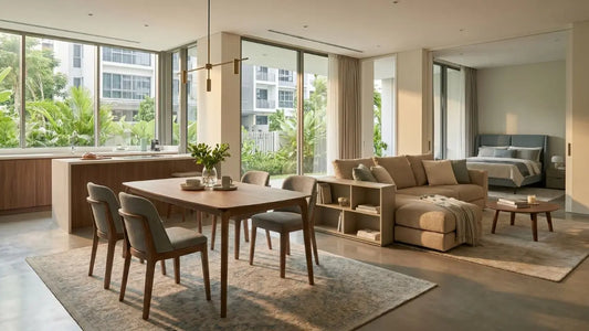 Open-plan Singapore home with dining table, kitchen island, sofa zone, rugs, and warm wood furniture defining separate living areas.