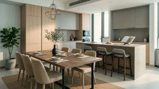 Open-plan kitchen and dining area with wooden dining table, upholstered chairs, bar stools, and neutral cabinetry in a modern Singapore home