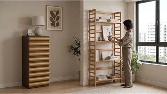 Woman styling open wooden shelves with ceramics beside closed storage, showing a balanced open and closed storage mix