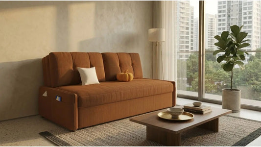 Orange textured fabric sofa with woven rug, timber coffee table, linen curtains, and layered materials in a Singapore condo living room