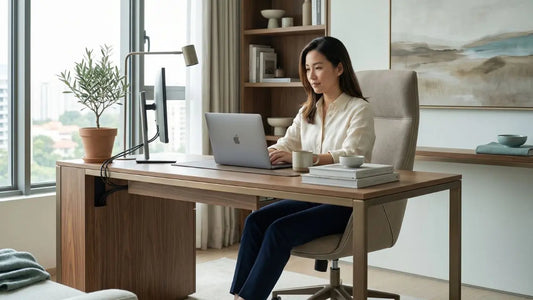 Woman working at a wooden home workstation with visible cable routing and a study table setup in a bright Singapore apartment