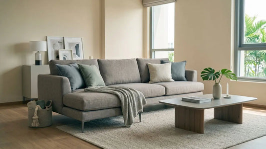 Grey performance fabric sofa in a calm Singapore living room with pet accessories and a wooden coffee table