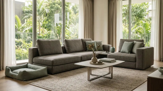 Pet-friendly performance fabric sofa in a bright Singapore living room with a green pet bed beside it