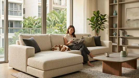Pet-friendly beige sectional sofa in a bright Singapore condo living room with a woman reading beside a sleeping dog.