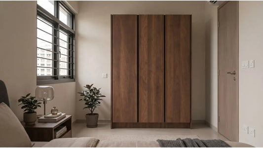 Plain wooden wardrobe doors in a compact Singapore bedroom with bed, window, side table, and indoor plants