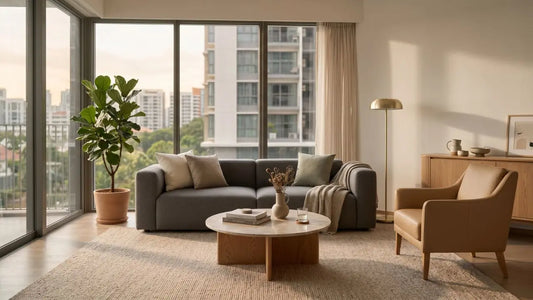 Grey sofa, round coffee table, armchair, and sideboard in a bright Singapore condominium living room for a posting home setup.