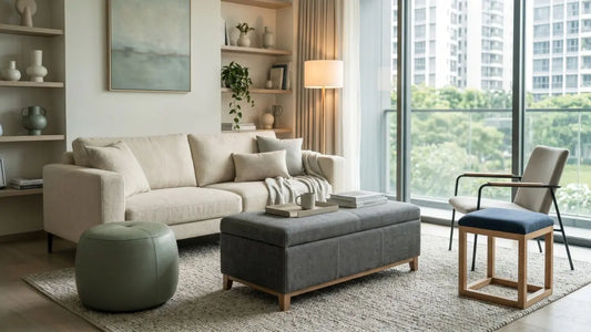 Pouffe and rectangular footstool styled with a cream sofa in a modern Singapore living room