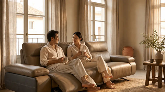 Upholstered sofa in a Singapore living room protected from direct sunlight and fading