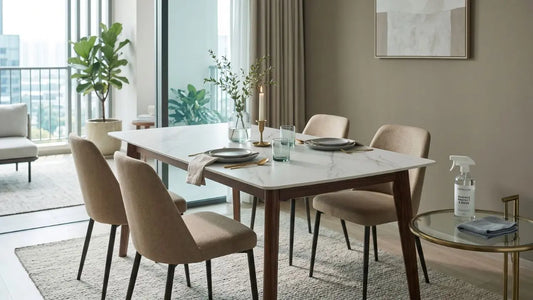 Sintered stone dining table with coasters, placemats, and cleaning essentials in a modern Singapore dining room.