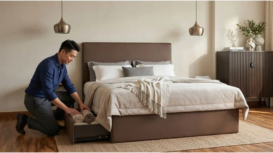 Man organising blankets inside a pull-out drawer storage bed frame in a modern bedroom