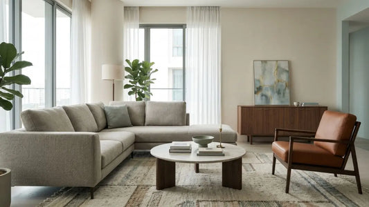 Quiet luxury Singapore living room with neutral sofa, leather armchair, round coffee table, warm wood storage, and soft natural daylight.