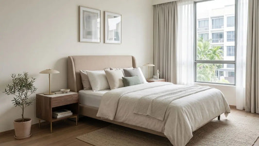 Singapore condo bedroom with upholstered bed frame, wooden bedside tables, soft curtains, and neutral bedding.
