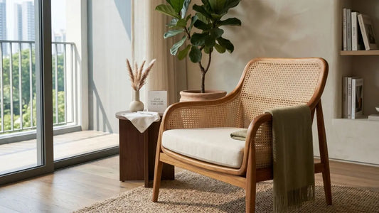 Rattan and cane armchair beside a balcony in a bright Singapore home, showing natural woven furniture care and placement.