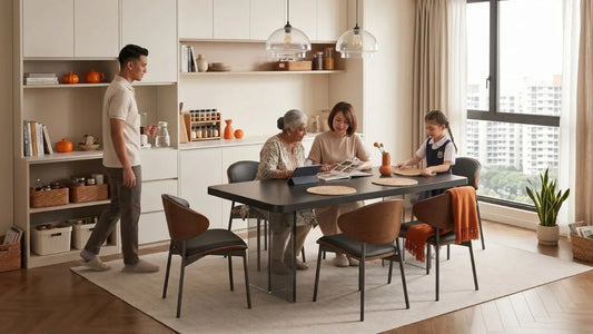 Family using a rectangular dining table in a Singapore HDB dining area with space for daily seating and movement
