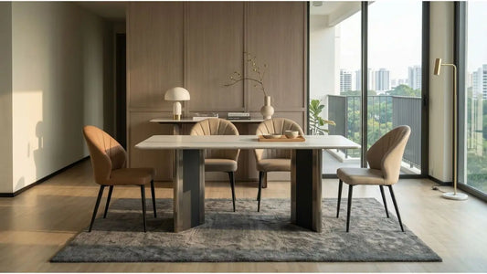 Rectangular dining table with upholstered chairs in a bright condo dining room