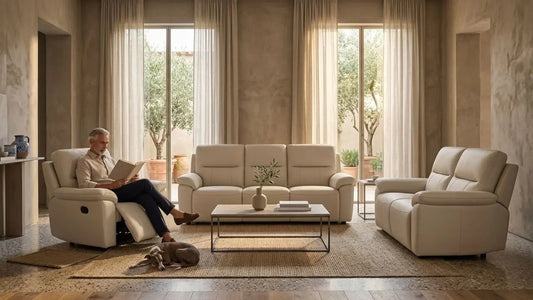 Refined pet-friendly cream reclining sofa set in an elegant living room with washable upholstery and timeless neutral styling