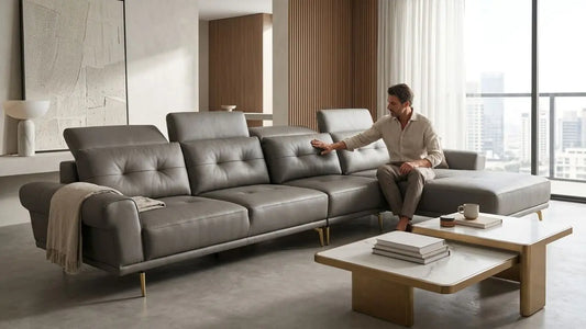 Man inspecting a grey leather sofa with tailored fixed covers, highlighting durability and design considerations for sofa covers