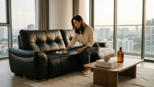 Leather sofa in a Singapore living room being cleaned and conditioned for long-term care