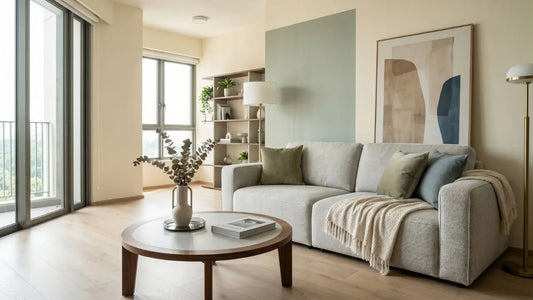 Neutral fabric sofa in a bright Singapore rental apartment with balcony windows, round coffee table, and soft modern styling