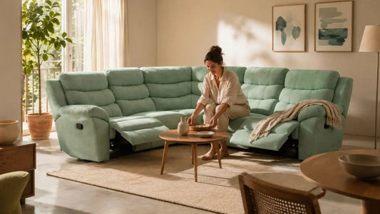 Rental-friendly living room with a mint green recliner sectional sofa, movable coffee table, warm lighting, and refined Italian-inspired styling for renters who move often