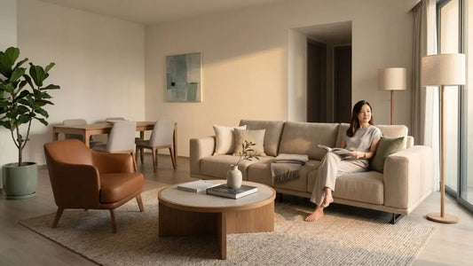 Restrained Singapore condo living room with neutral sofa, leather armchair, round coffee table, dining area, and warm natural light.
