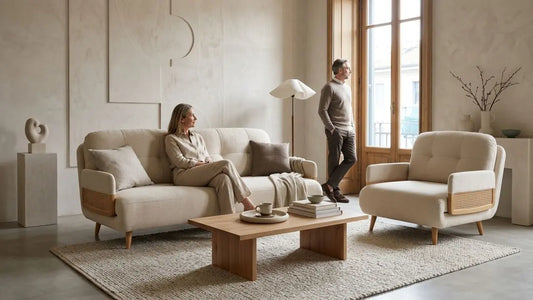 Cream sofa and matching armchair in a modern living room, showing a seating setup for deciding whether to reupholster or replace a sofa