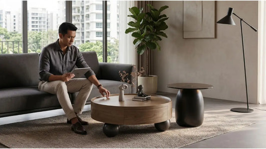 Man checking round coffee table height beside a grey sofa in a modern Singapore living room, showing ideal coffee table dimensions