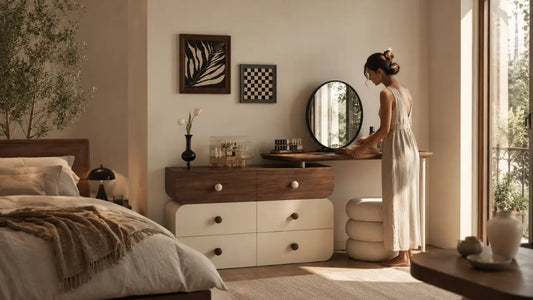 Warm Italian-inspired bedroom vanity with round mirror reflecting daylight to make the room feel brighter and open