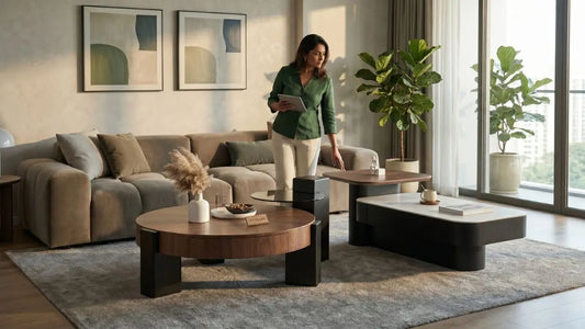 Alt text: Round and rectangular coffee tables styled with sofas in a bright Singapore living room, showing how table shape affects room proportion and flow.