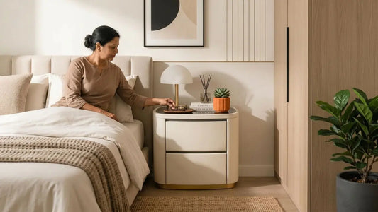 Rounded bedside table with lamp beside upholstered bed in a compact HDB bedroom