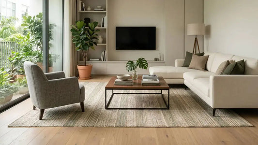 Natural woven rug anchoring a modern Singapore living room with cream sofa, armchair, coffee table, balcony greenery, and soft neutral styling