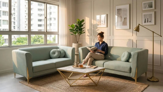 Sage green sofa arrangement for a five-room HDB living room with coffee table and reading corner