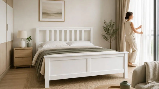 White slatted bed frame in a Scandinavian-style Singapore bedroom with warm neutrals and soft daylight.