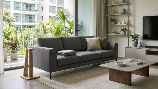 Grey scratch-resistant fabric sofa in a bright Singapore living room with a cat scratch post beside it