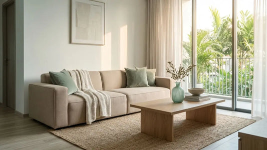 Fabric sofa in a bright Singapore living room with sheer curtains, timber coffee table, and indoor plants, styled for seasonal furniture care.